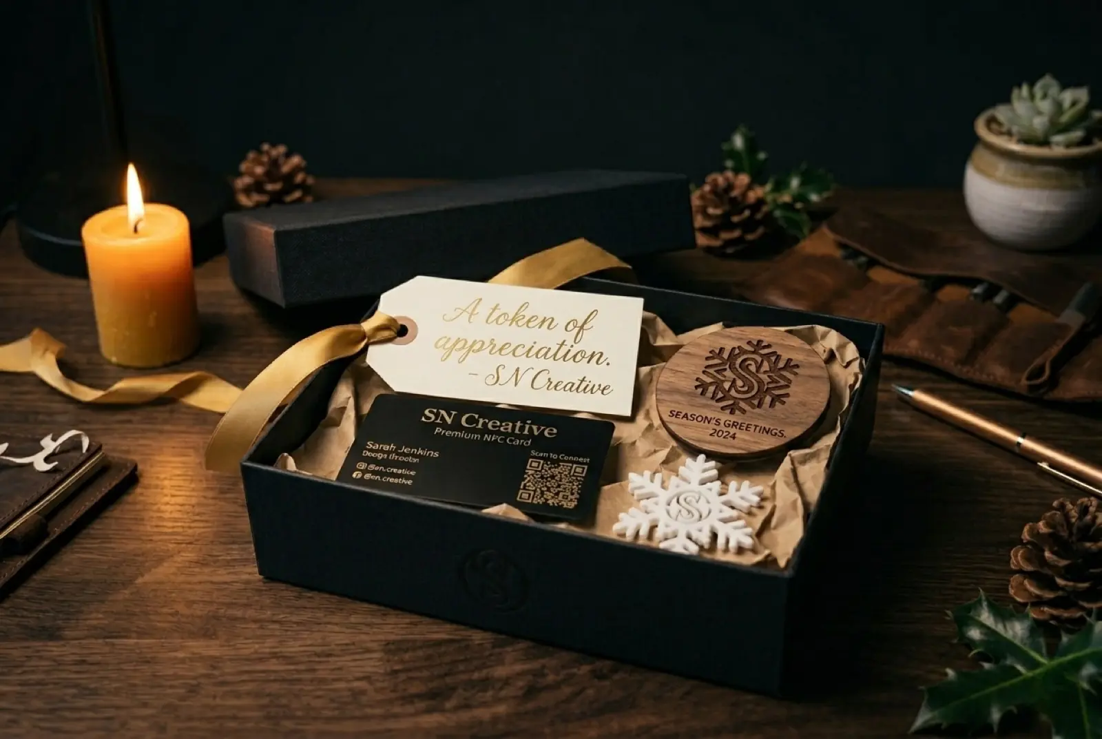 Individuell kuratiertes Kundengeschenk mit NFC-Karte, Holz-Magnet und gravierter Weihnachtsanhaenger