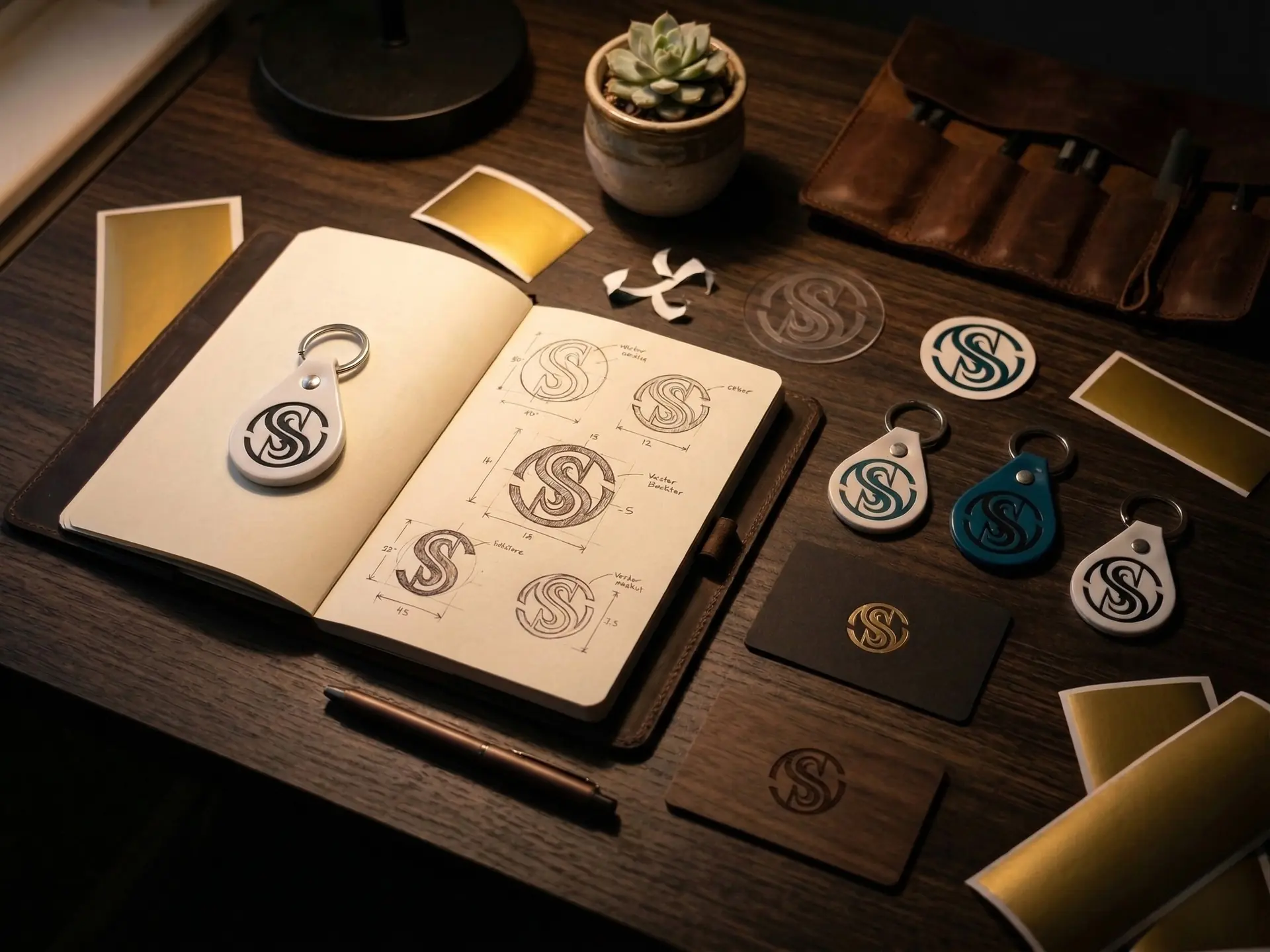 Magnete und NFC-Karten auf dunklem Schreibtisch