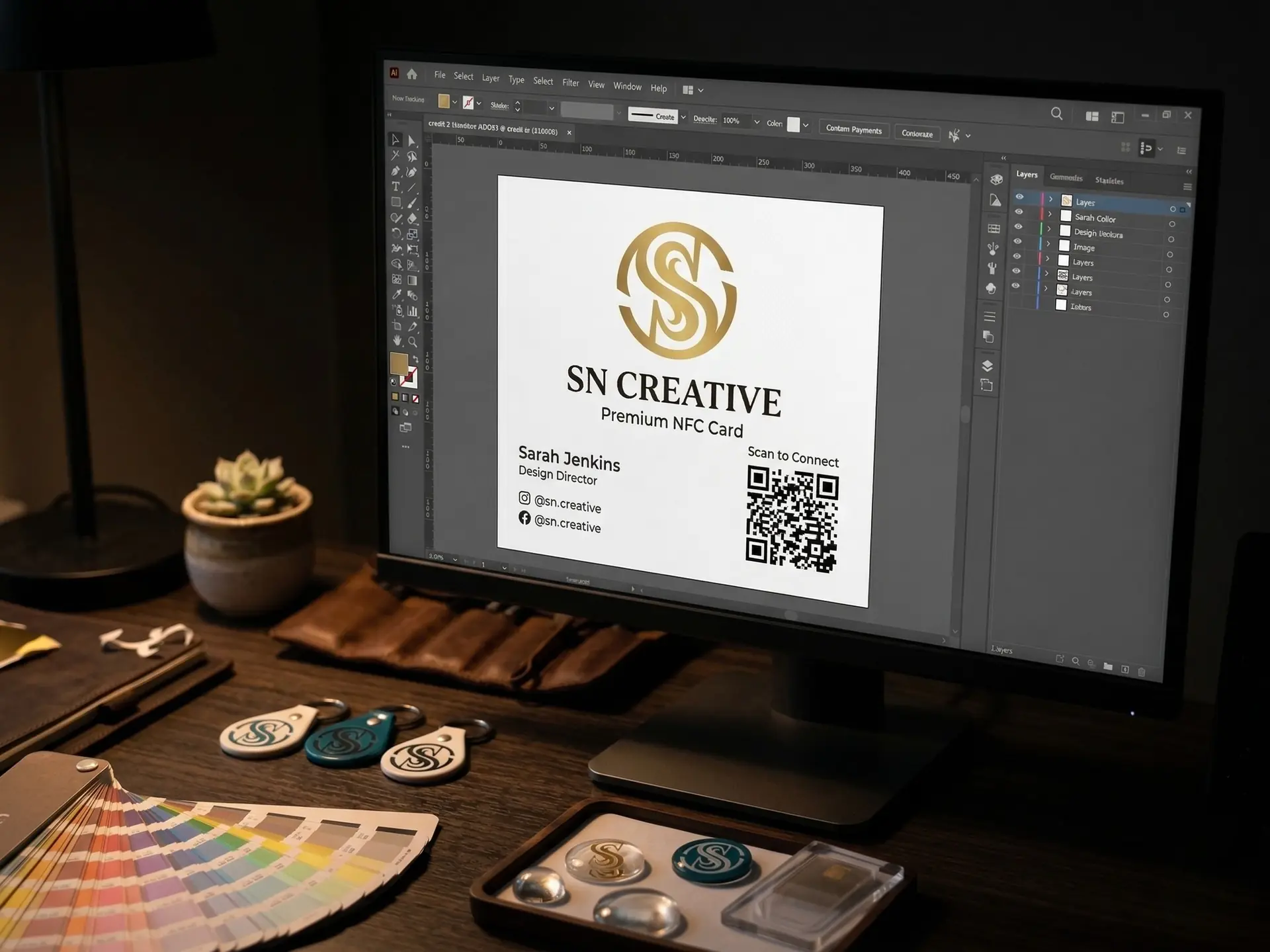 Design-Entwurf fuer NFC-Visitenkarte am Monitor