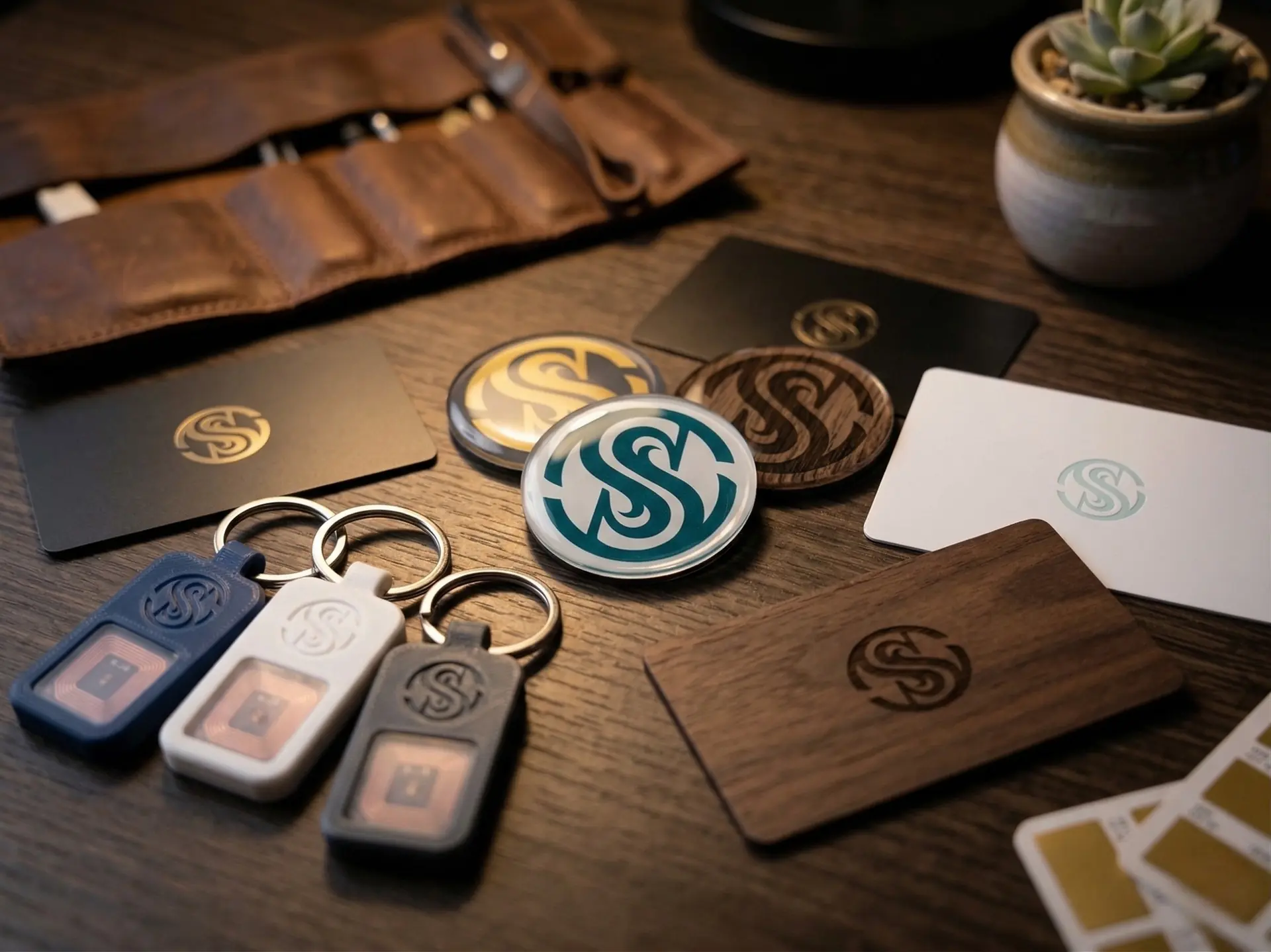 Fertige Magnete und NFC-Visitenkarten auf dunkler Flaeche